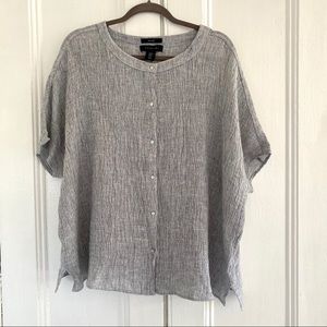 Tahari Boxy 100% Linen Button Blouse Top Grey M